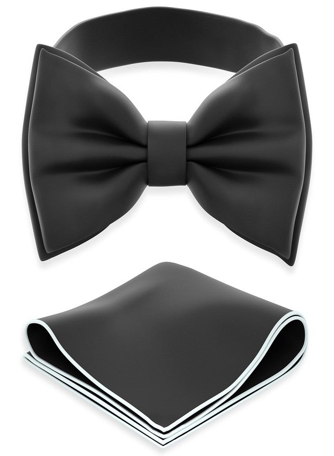 Adam Young Men's Black Bow Tie with Handkerchief Set Pre-Tied Style Formal Satin Classic Bowtie for Tuxedo Faux Silk (Large, Black) - Image 1